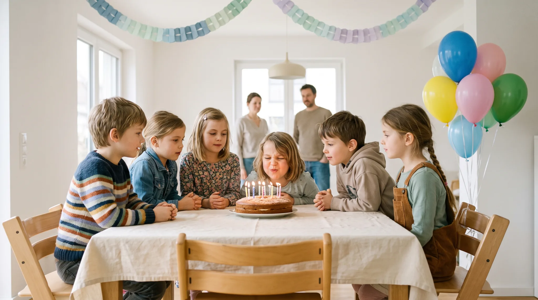Kinder feiern ausgelassen Kindergeburtstag in Köln mit Luftballons und Geburtstagstorte