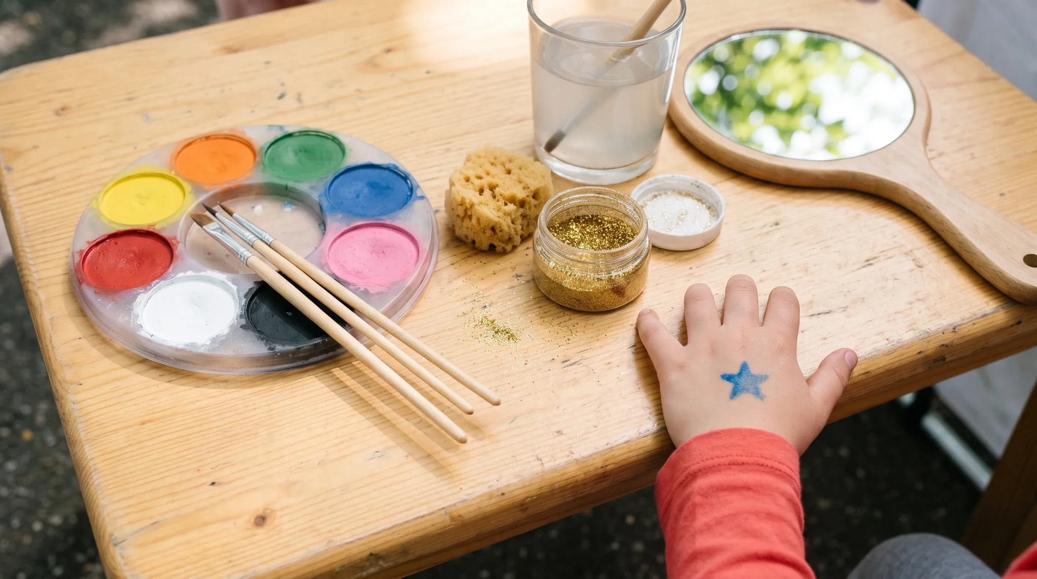 Kinderschminken Detail: Farbpalette mit Pinseln, Schwamm, Glitzerdose und Spiegel auf einem Holztisch, daneben eine Kinderhand mit einem blauen Stern auf dem Handrücken