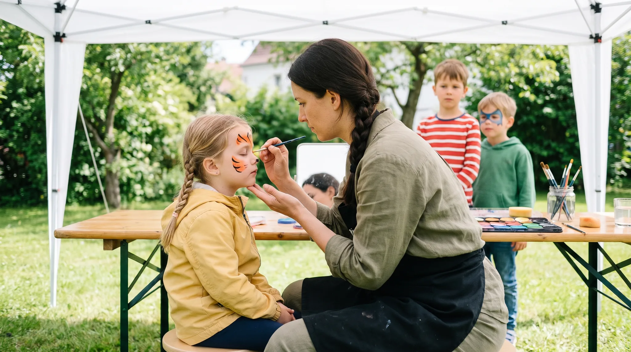 Kinderschminken buchen: Eine Schminkerin malt einem Mädchen mit geschlossenen Augen Tigerstreifen ins Gesicht, unter einem Pavillon im Garten, zwei Jungen warten im Hintergrund