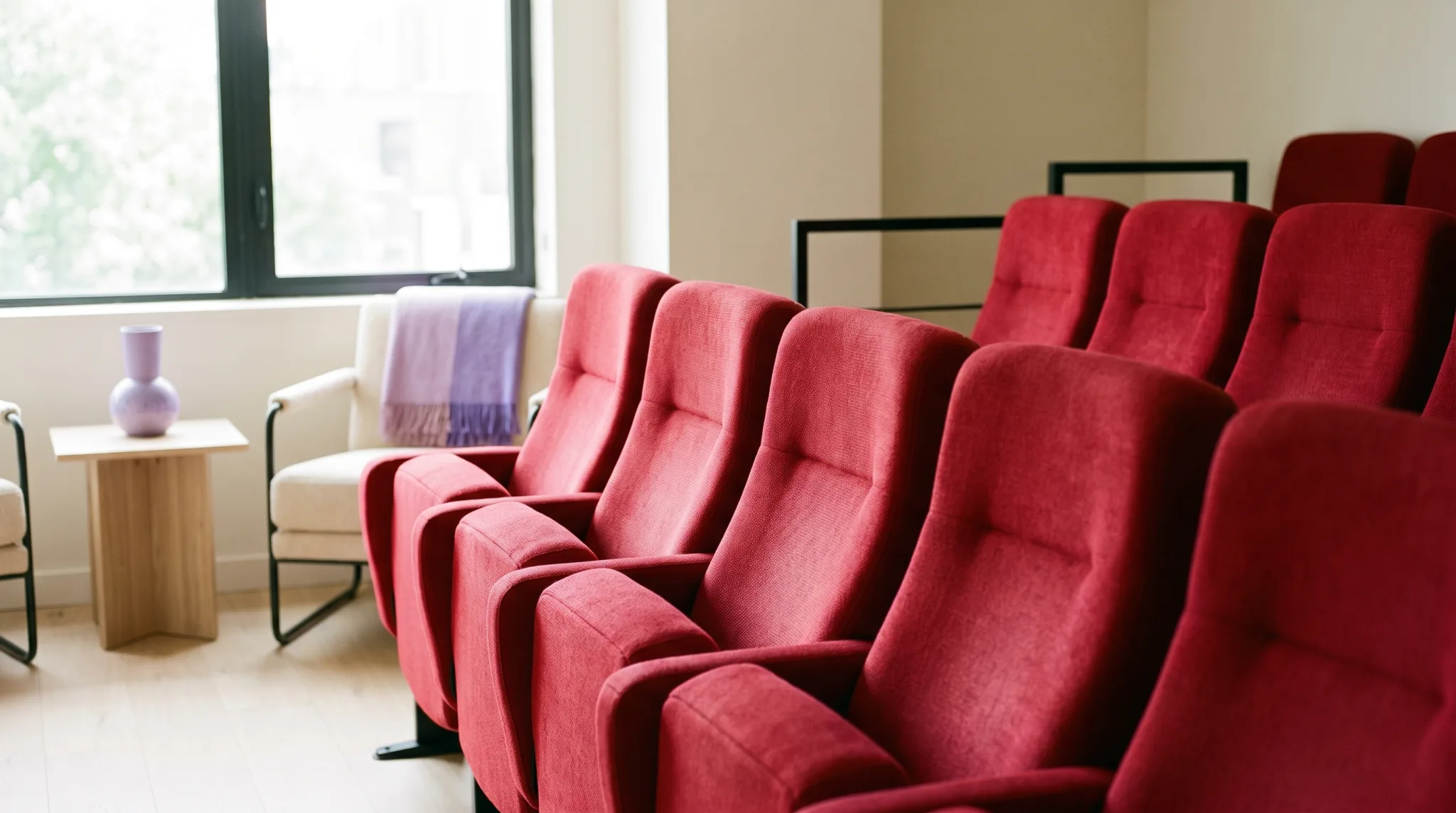 Rote Kinosessel mit einer Tüte Popcorn vor der Leinwand in einem Kino in Düsseldorf