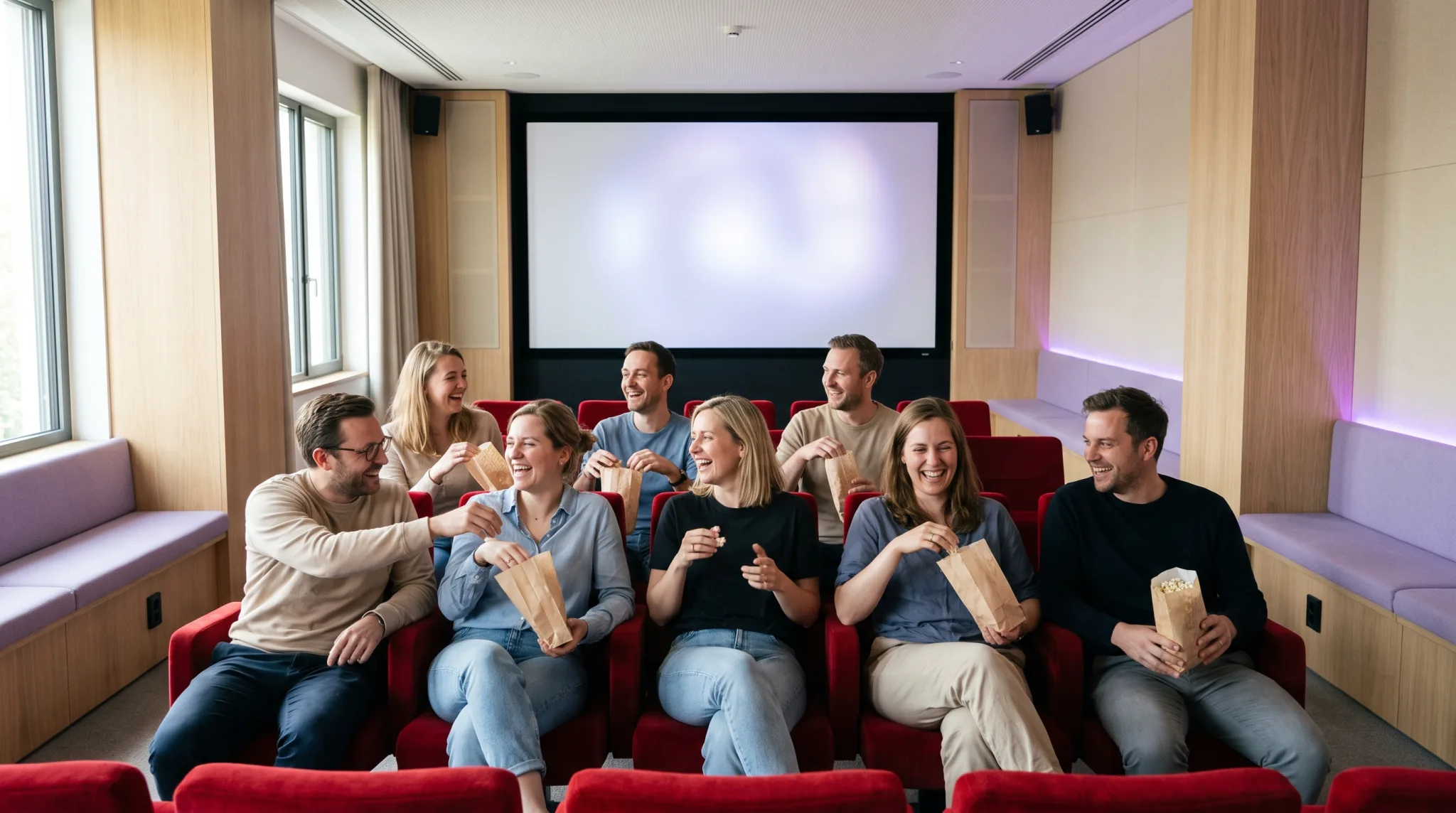 Gruppe sitzt in einem privat gemieteten Kinosaal in Düsseldorf und schaut auf die Großleinwand