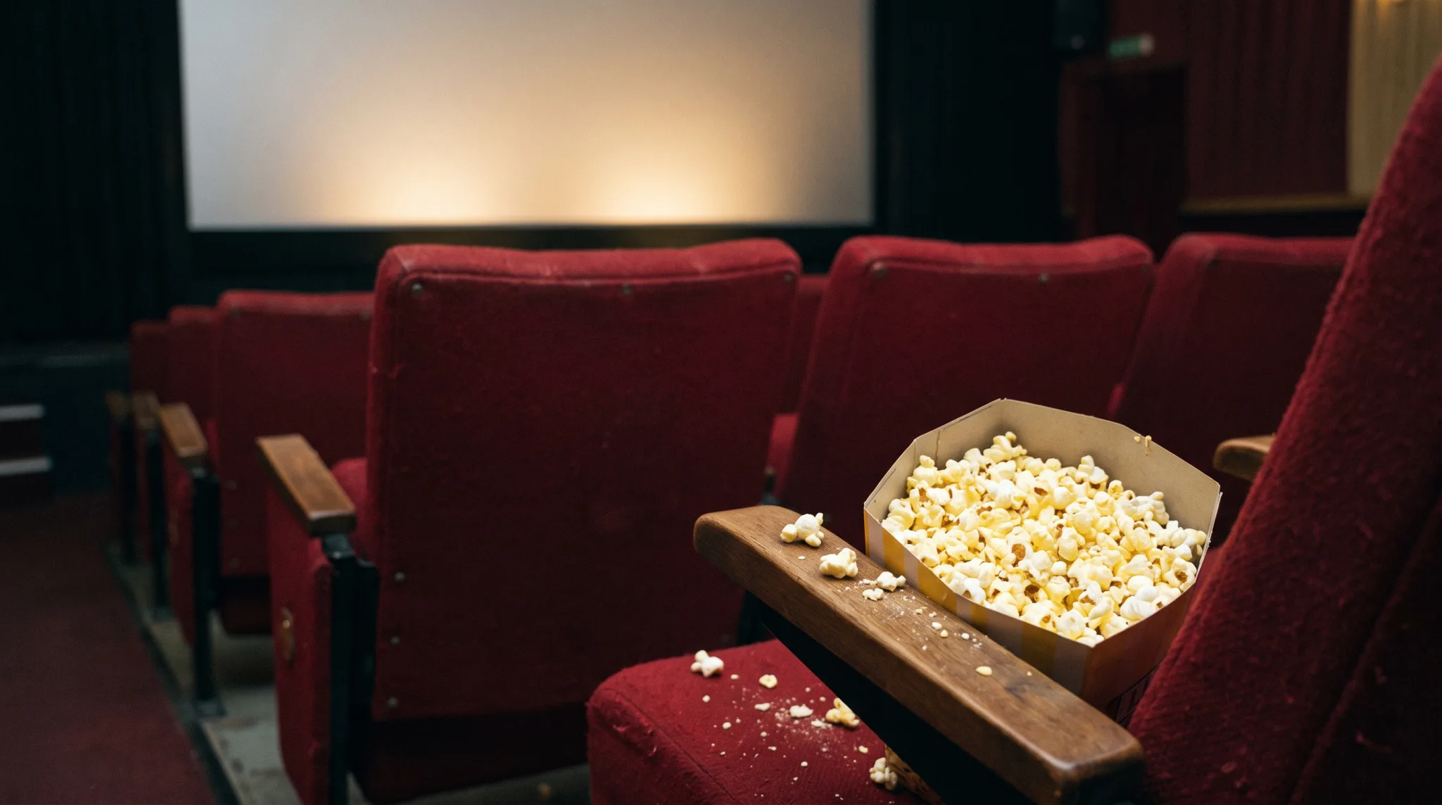Rote Kinosessel mit einer Tüte Popcorn vor der Leinwand