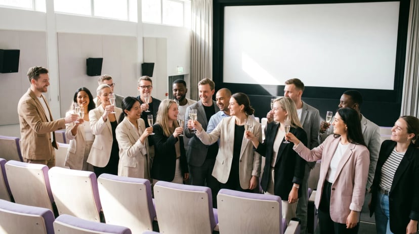 Gruppe feiert in einem gemieteten Kinosaal in Köln vor der Großleinwand
