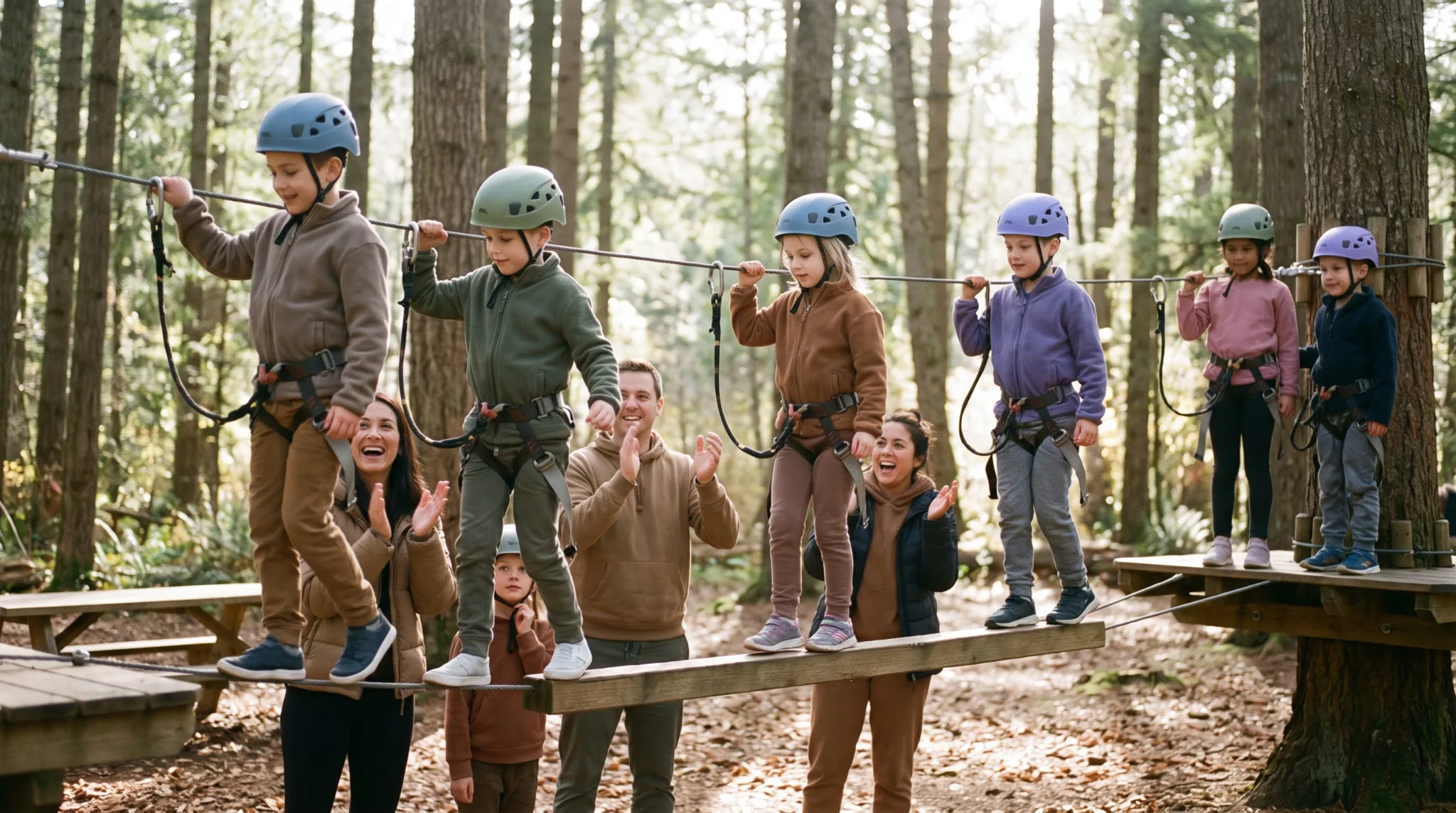 Gruppe im Kletterpark bei Bonn klettert gemeinsam über eine Hängebrücke