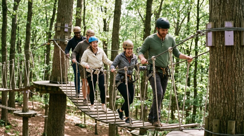 Gruppe klettert gemeinsam im Kletterpark in Düsseldorf