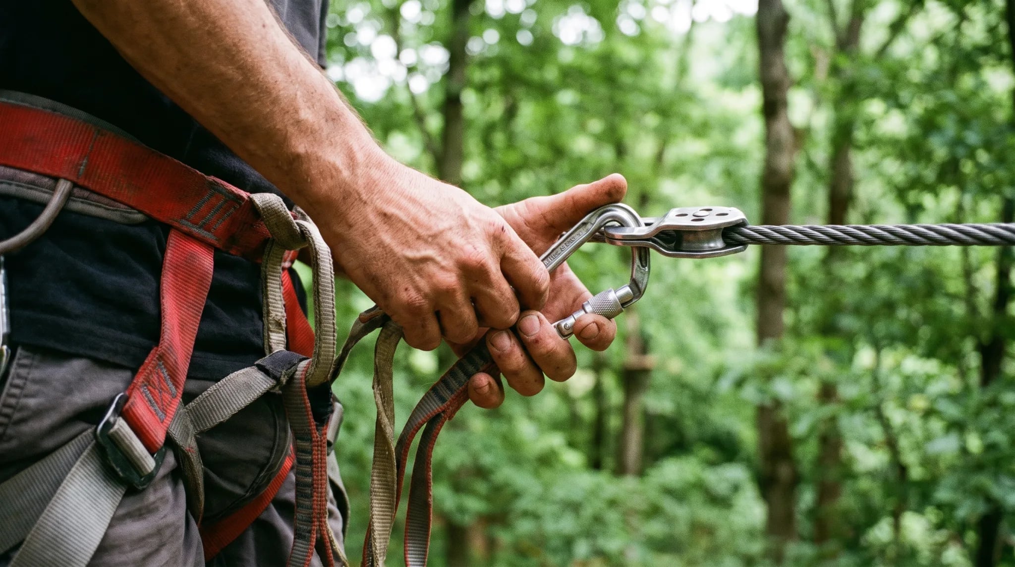Hände sichern einen Karabiner am Stahlseil des Kletterparcours