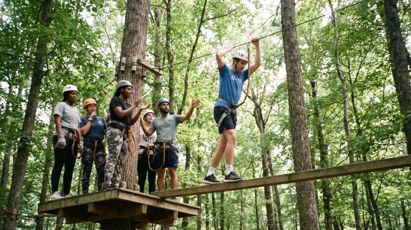 Gruppe im Kletterpark auf dem Hochseilparcours zwischen Bäumen