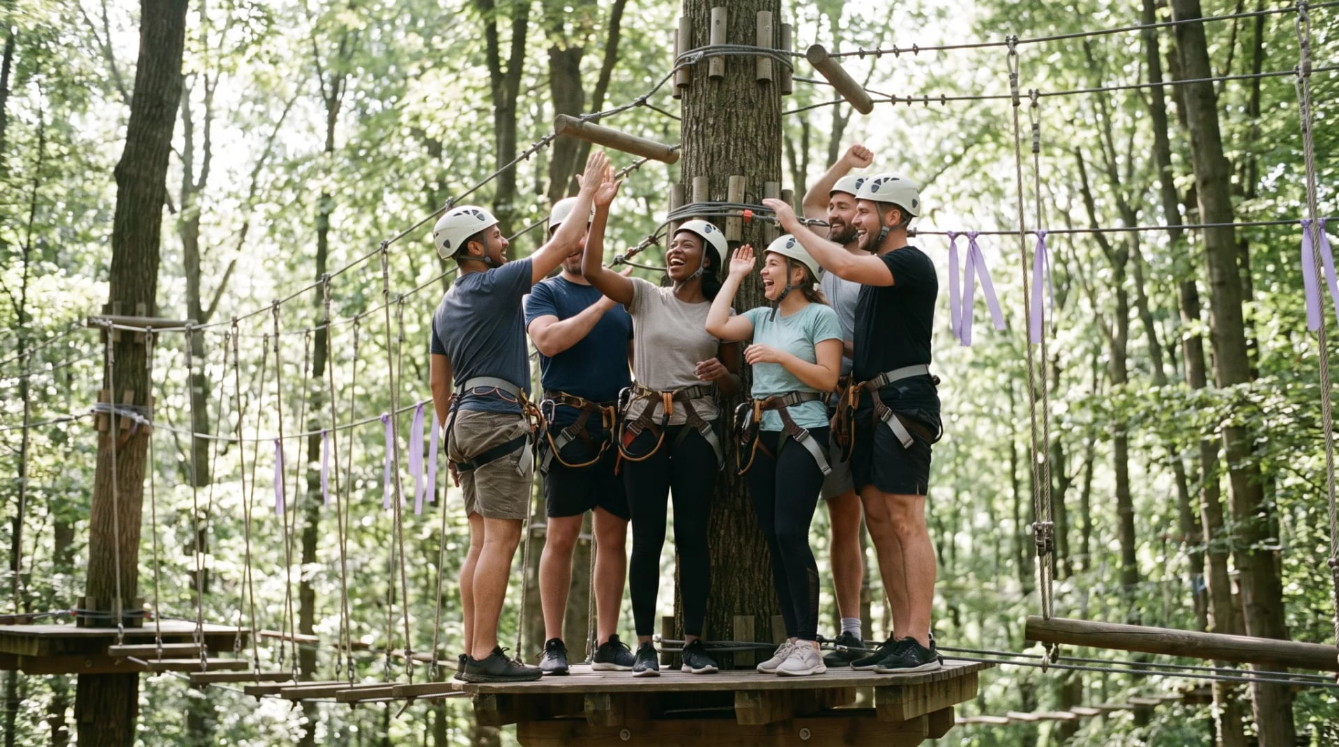 Gruppe klettert im Hochseilparcours zwischen Bäumen bei einem Teamevent in Köln
