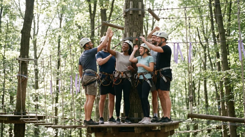 Gruppe klettert im Hochseilparcours zwischen Bäumen bei einem Teamevent in Köln