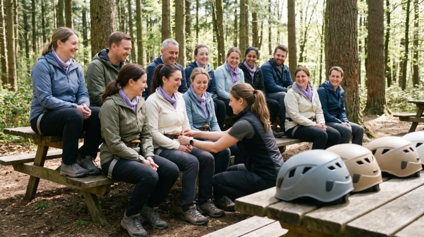 Gruppe beim Klettern zwischen Baumwipfeln in einem Kletterpark bei Siegburg