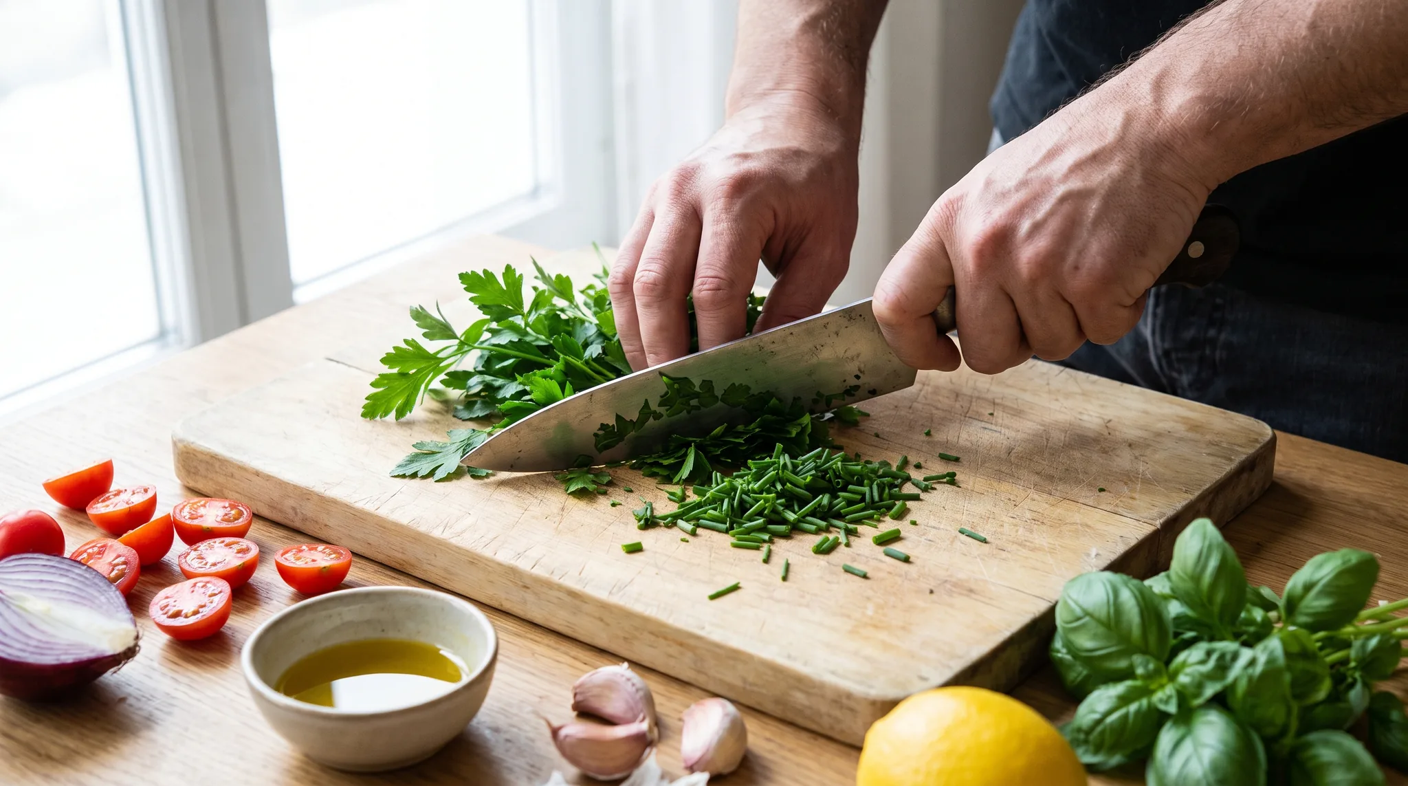 Zwei Hände hacken auf einem Holzbrett Petersilie und Schnittlauch mit einem Kochmesser, daneben Kirschtomaten, eine halbe rote Zwiebel, Knoblauch, Olivenöl, Zitrone und Basilikum