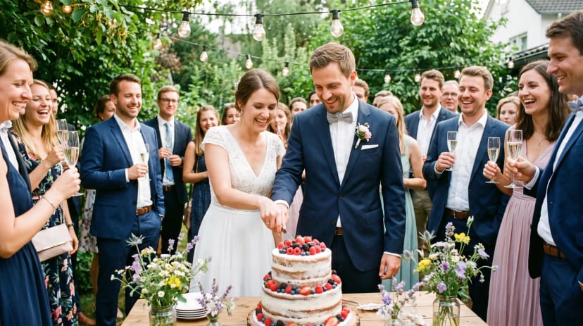 Konditor in Bonn dekoriert eine mehrstöckige Hochzeitstorte