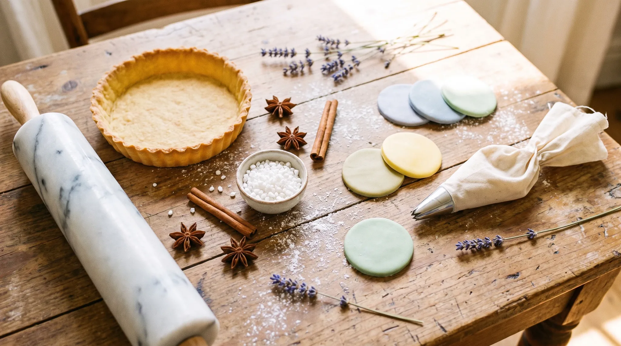 Konditor in Königswinter: rustikaler Holztisch mit mehrstöckiger Torte auf Keramikständer, Puderzucker-Sieb, Buttercreme-Schälchen und Backpapier.