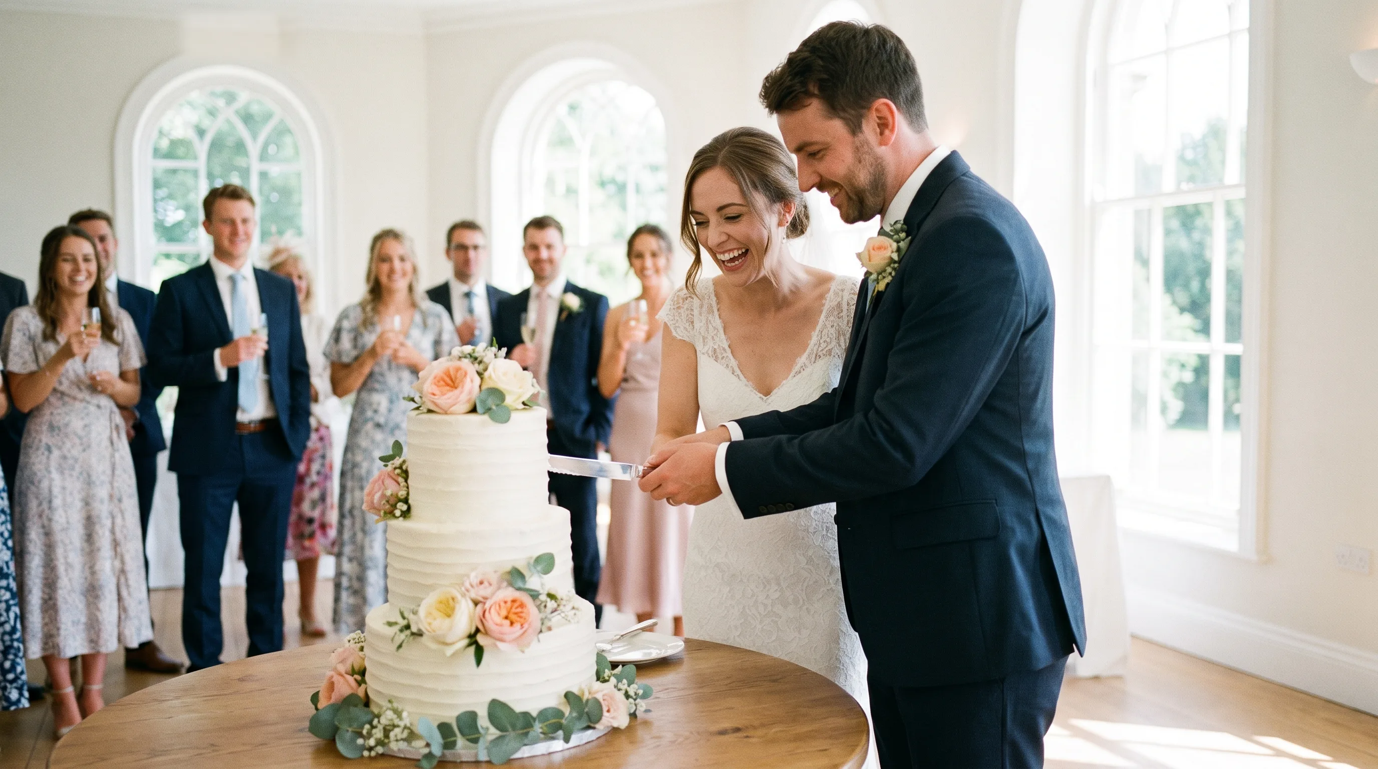 Brautpaar schneidet gemeinsam die mehrstöckige Hochzeitstorte an