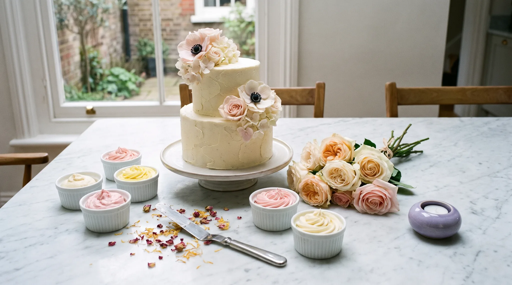 Konditor in Mechernich: Fondant-Torte, Macarons, Petit Fours, Piping-Bag und Goldblattflocken auf dunklem Schieferuntergrund, Detailaufnahme.
