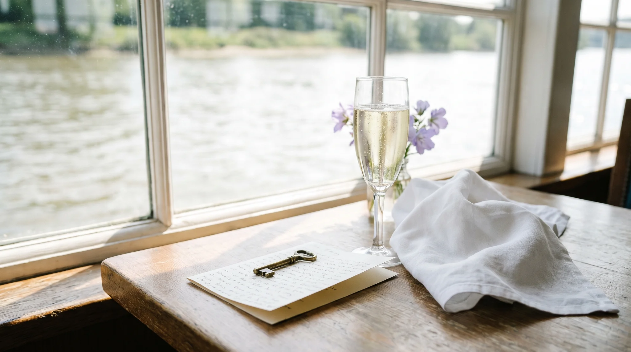 Krimidinner Düsseldorf Detail: Sektglas als Aperitif, kleiner Messingschlüssel auf einer gefalteten Karte und Serviette am Fenstertisch