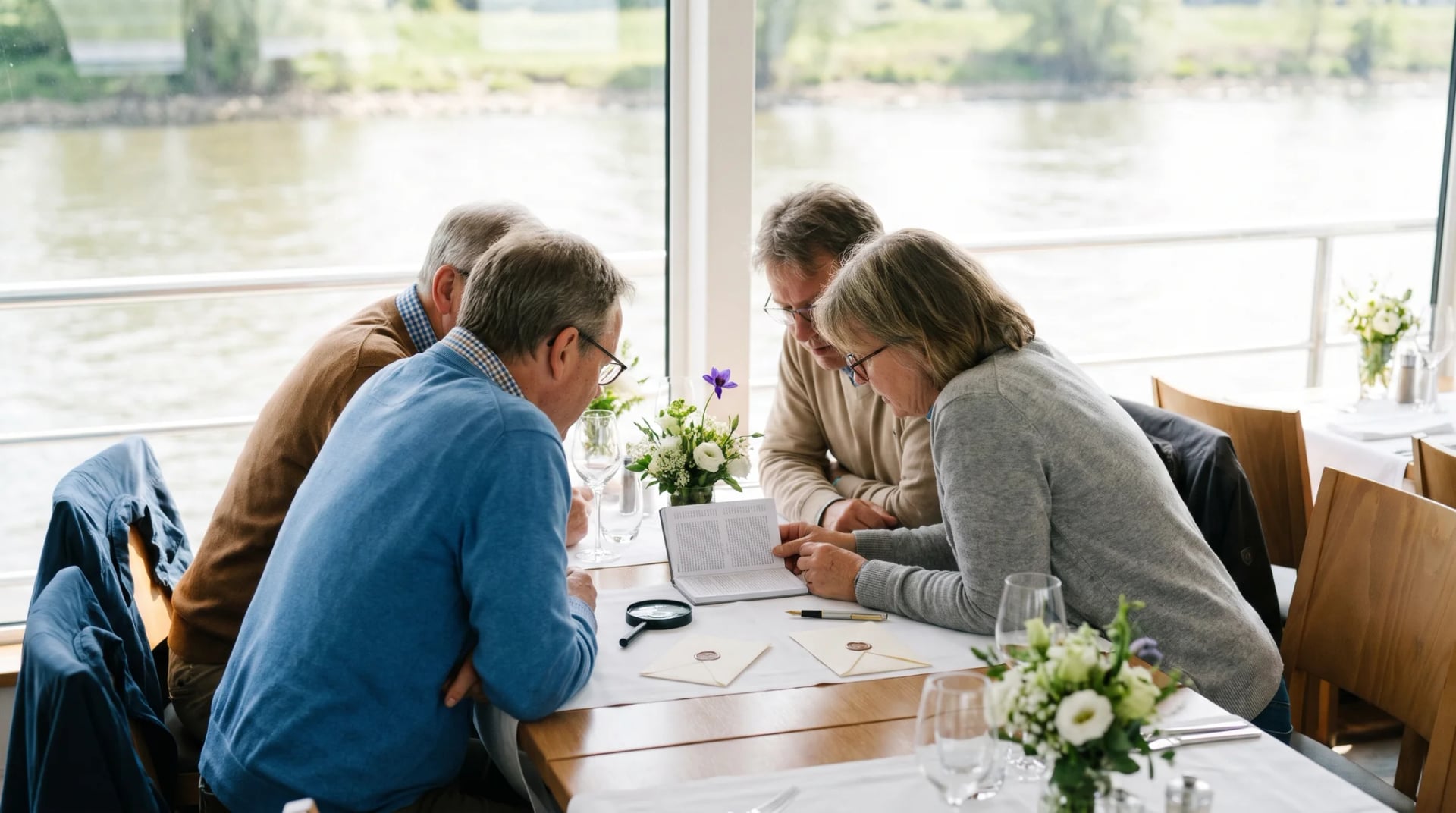 Krimidinner Düsseldorf buchen: Gäste an einem Fenstertisch im Speisesaal eines Flussschiffs stecken die Köpfe über einem Notizbuch zusammen