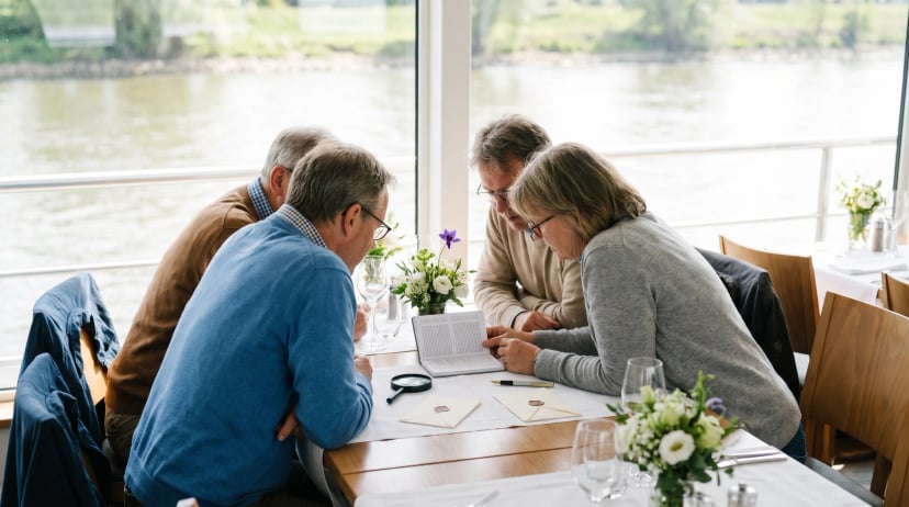 Krimidinner Düsseldorf buchen: Gäste an einem Fenstertisch im Speisesaal eines Flussschiffs stecken die Köpfe über einem Notizbuch zusammen
