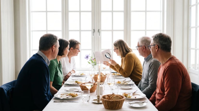 Krimidinner buchen: Gäste sitzen an einer festlich gedeckten Tafel mit Kerzen und beugen sich über ein Notizbuch, eine Frau hält eine Lupe darüber
