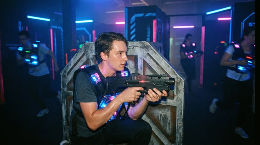 Gruppe spielt Lasertag in einer dunklen Neon-Arena