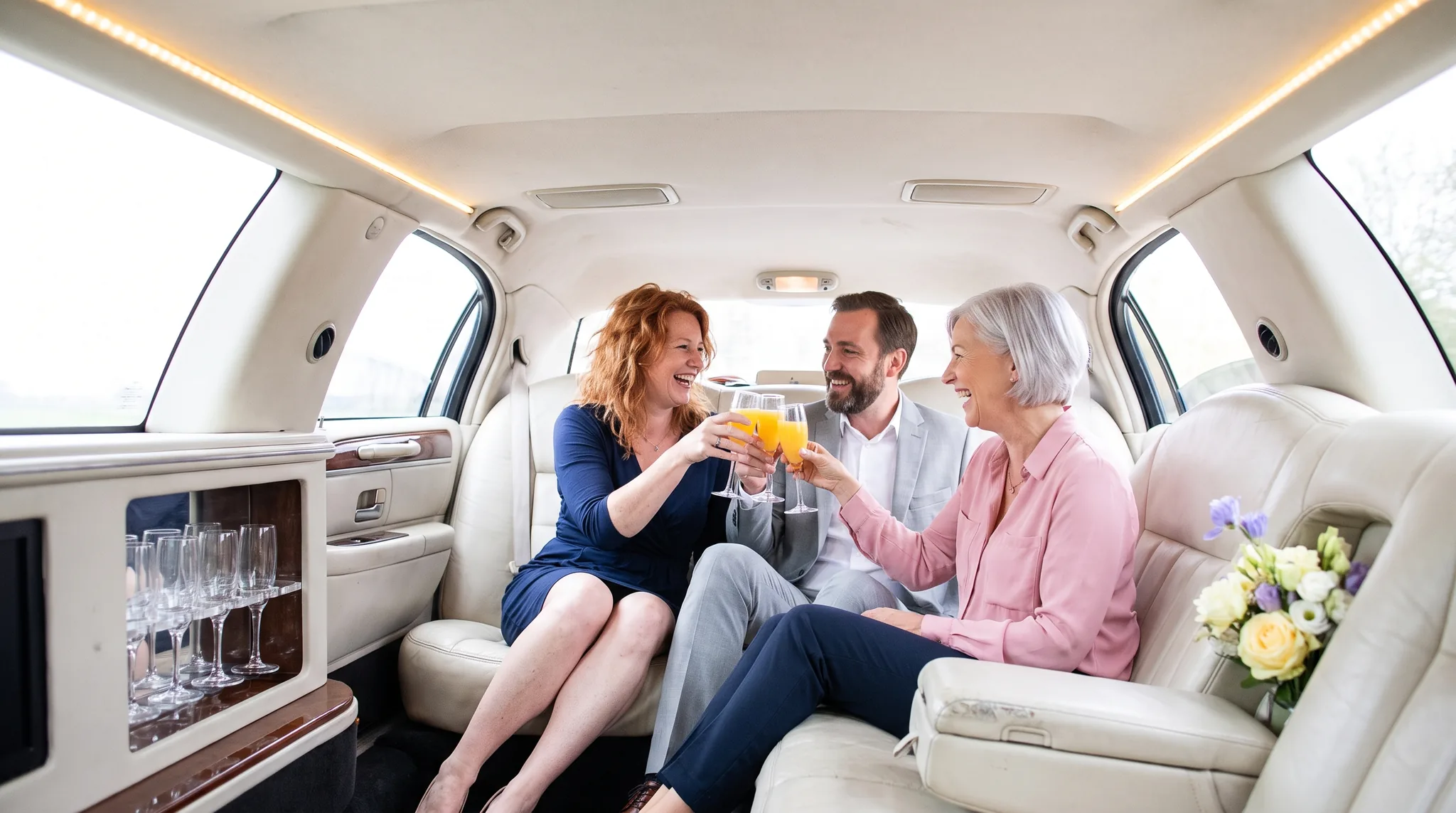 Limousinenservice im verlängerten Wagen: Drei Gäste stoßen in einer hellen Stretchlimousine mit Ledersitzen und Lichtleiste an der Decke an, daneben stehen Gläser in der Bordbar