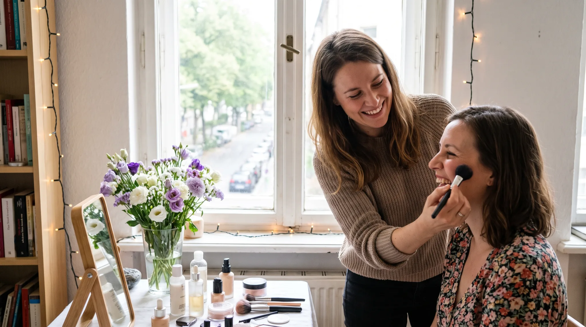 Make-up Artist stylt eine fröhliche Frau am hellen Fenster in Düsseldorf