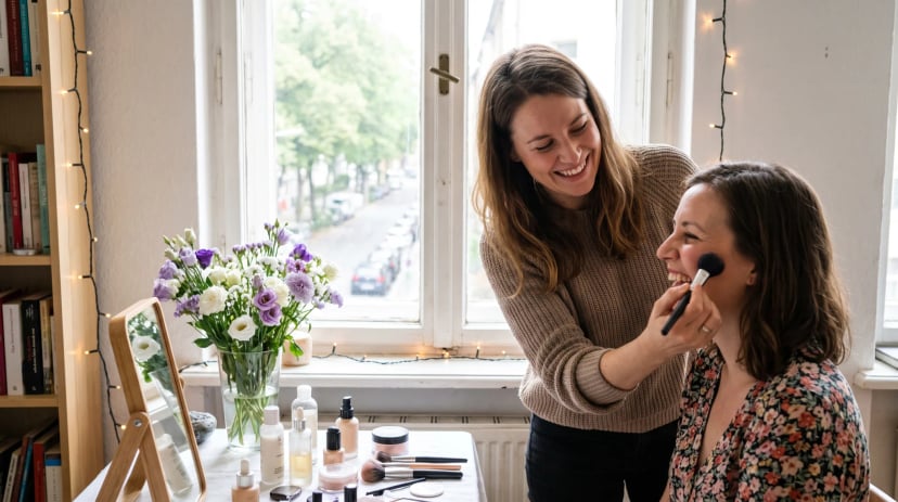 Make-up Artist stylt eine fröhliche Frau am hellen Fenster in Düsseldorf