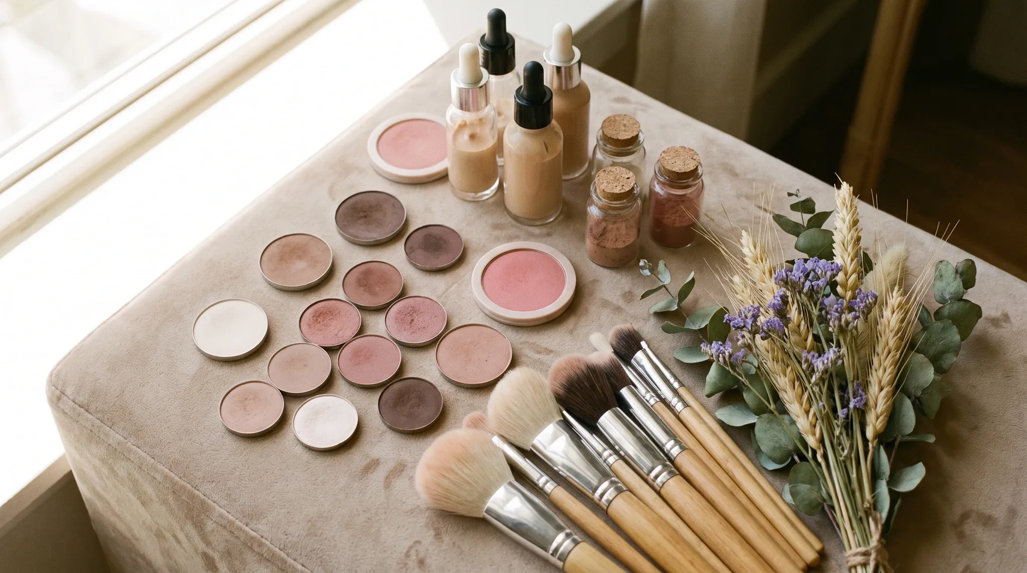 Make-up Artist in Erlangen: Flatlay mit Lidschatten-Paletten, Pinseln, Foundation-Fläschchen und Lippenstiften auf elfenbeinfarbenem Stoff.