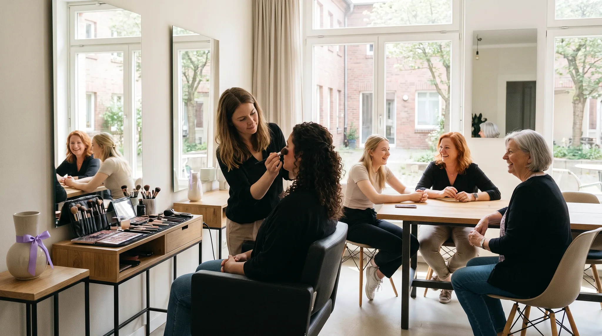 Make-up Artist Erlangen: Make-up Artist stylt lächelnde Frau im hellen Studio, weitere Gäste unterhalten sich vor beleuchteten Spiegeln.