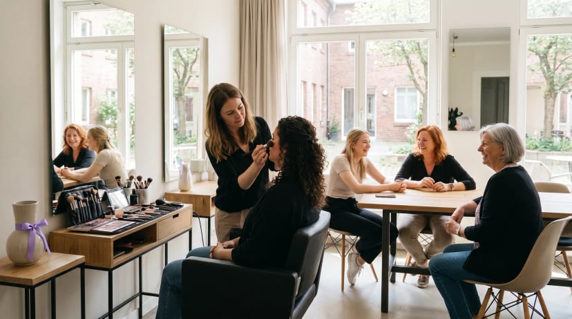 Make-up Artist Erlangen: Make-up Artist stylt lächelnde Frau im hellen Studio, weitere Gäste unterhalten sich vor beleuchteten Spiegeln.