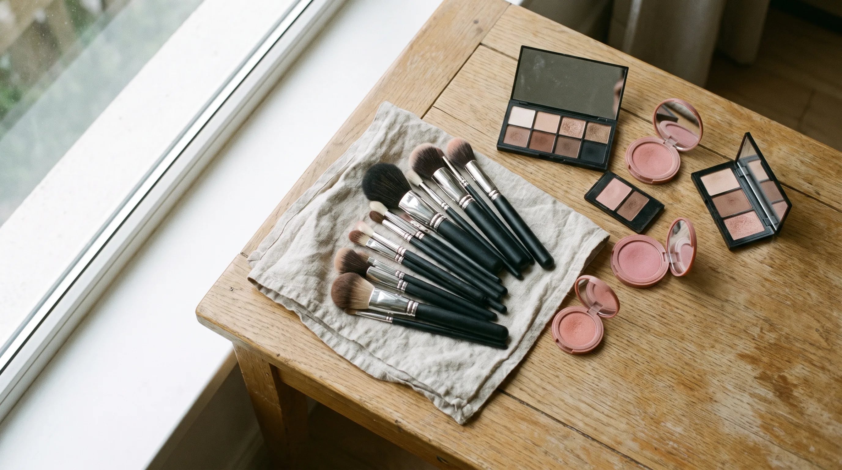 Makeup-Pinsel und logofreie Paletten auf hellem Tisch, Beispiel für professionelles Event-Makeup