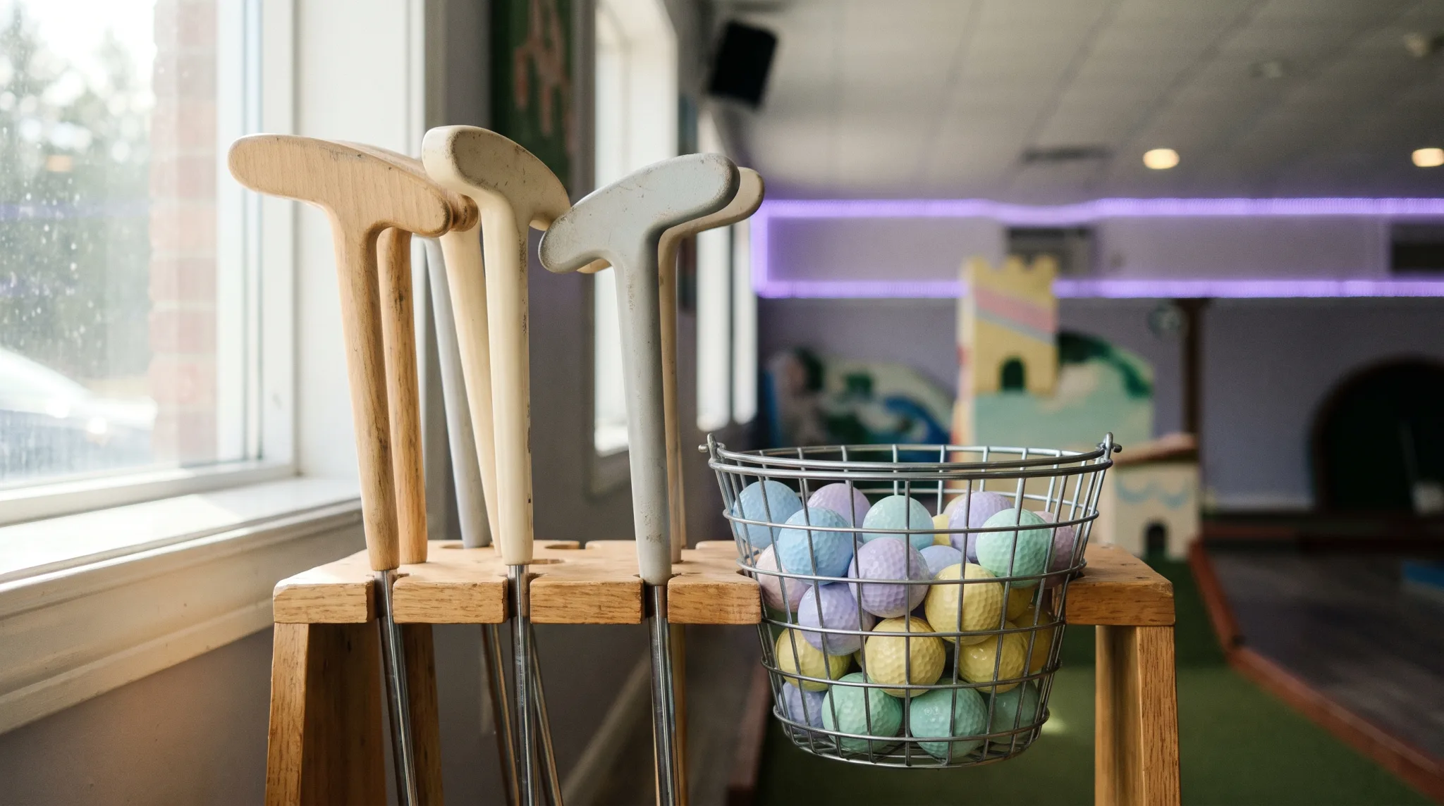 Minigolfball und Schläger auf einer Bahn in Düsseldorf