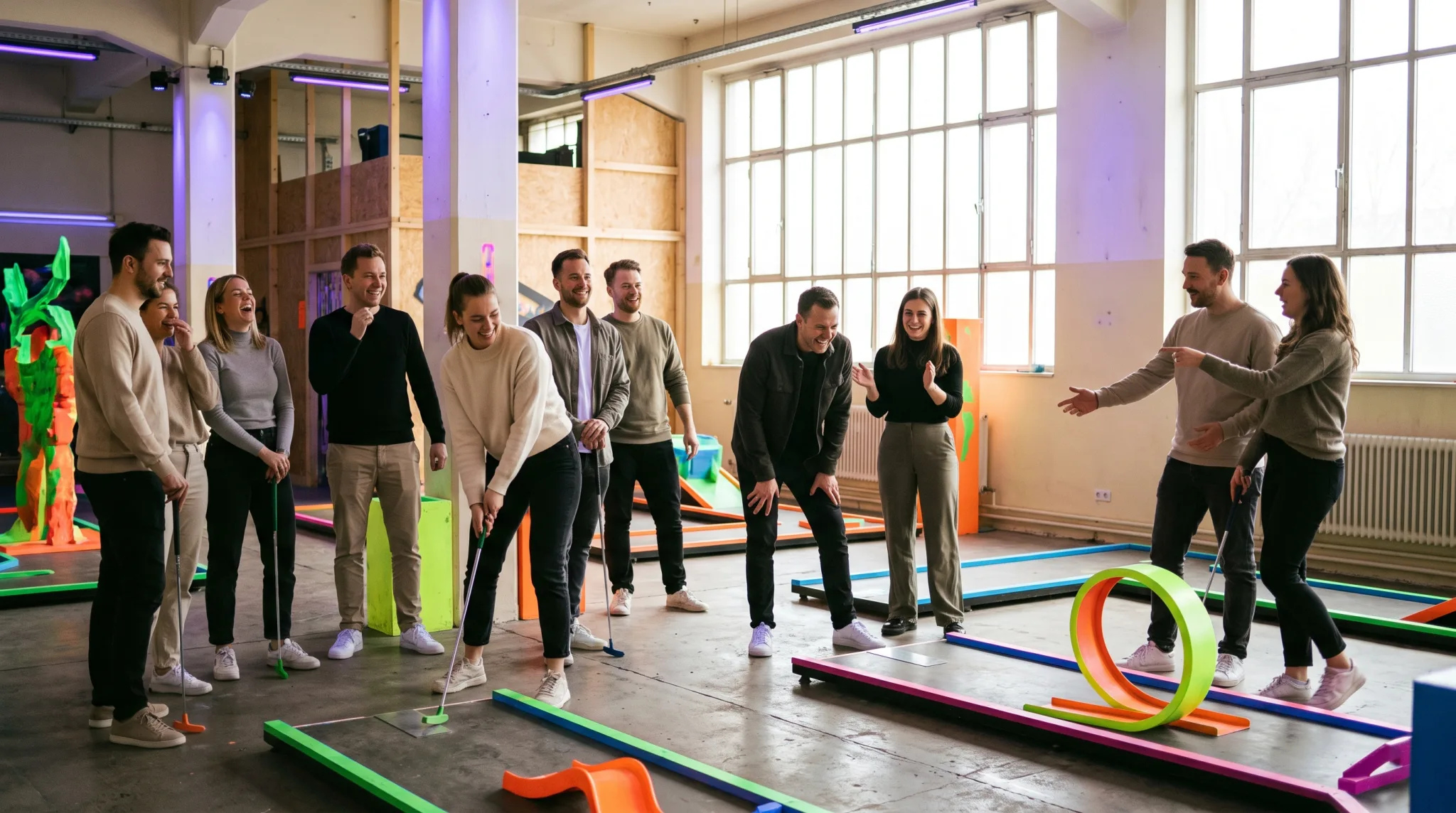 Gruppe spielt Minigolf bei einem Event in Düsseldorf