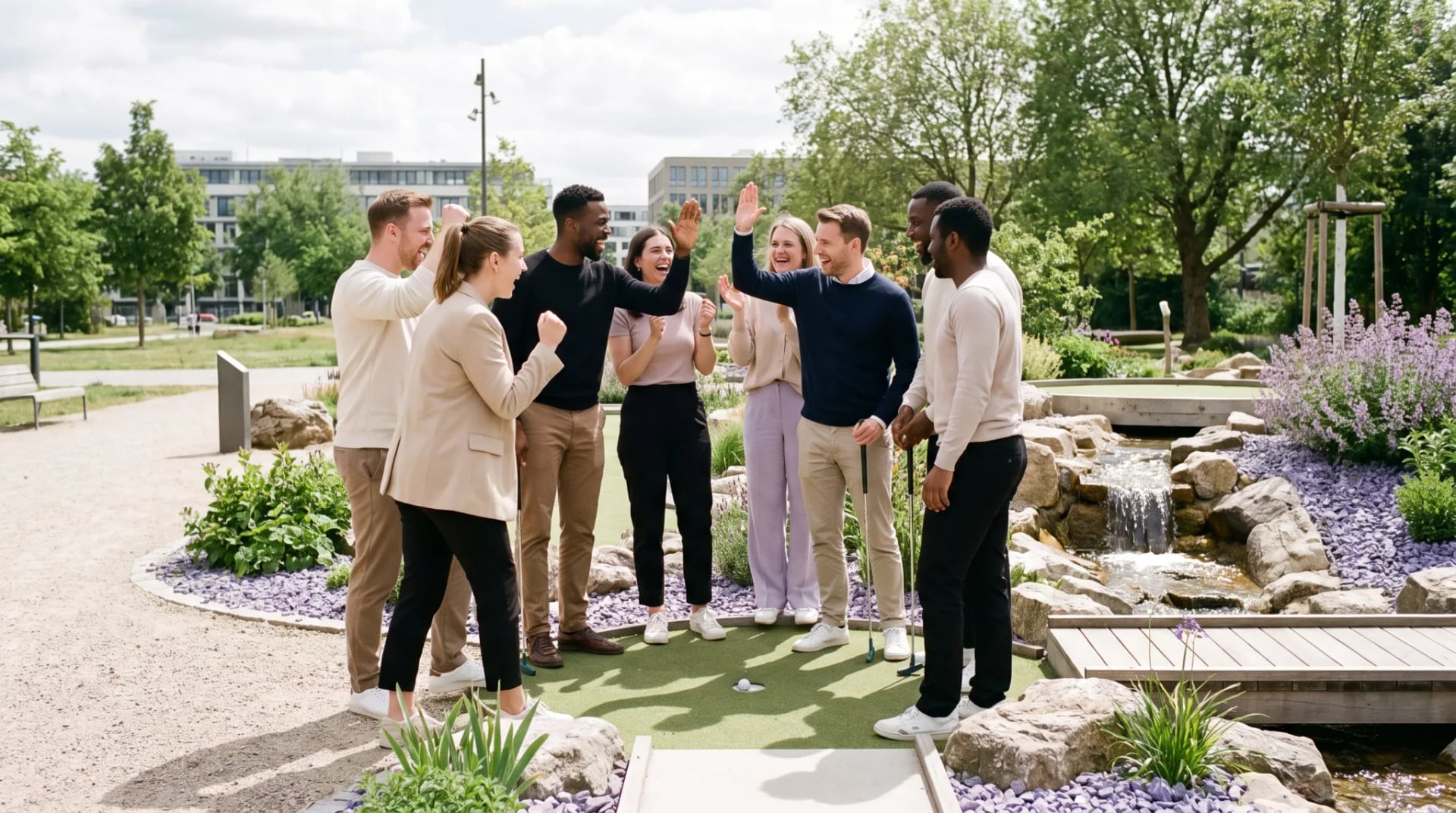 Freunde spielen gemeinsam Minigolf bei einem Firmenevent in Köln