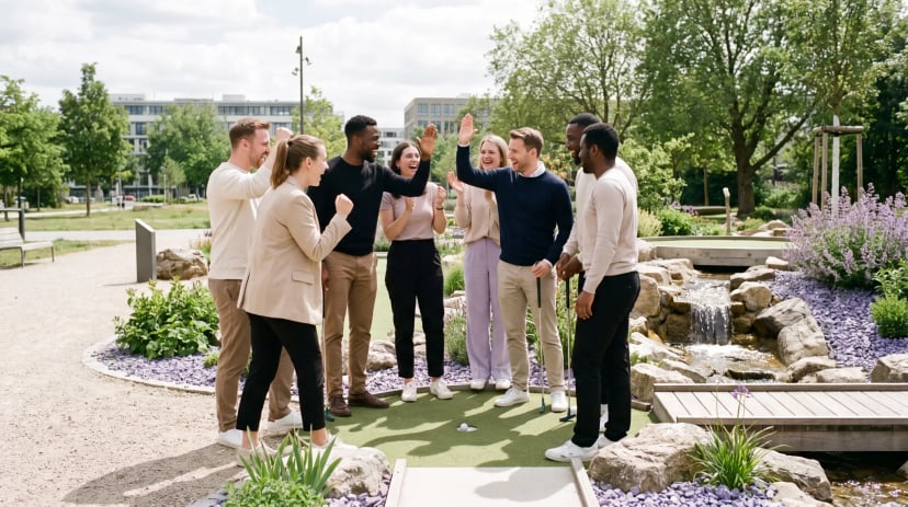 Freunde spielen gemeinsam Minigolf bei einem Firmenevent in Köln