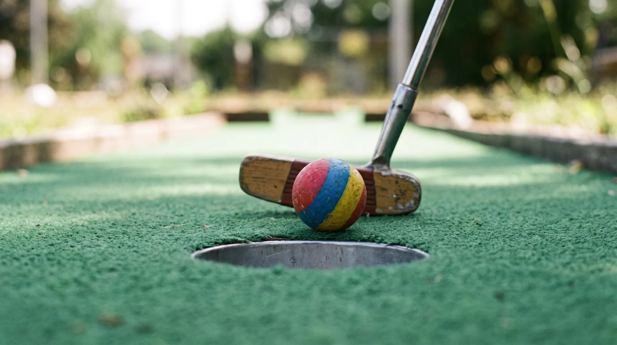 Bunter Minigolfball rollt am Loch vorbei, Schläger dahinter
