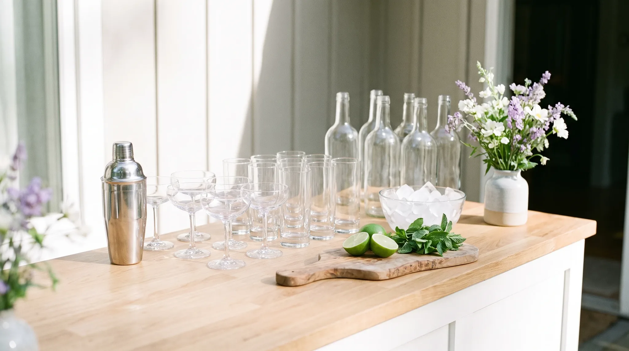 Mobile Cocktailbar: Shaker, Cocktailgläser, Eiswürfel und frische Limetten auf einer Theke aus hellem Holz.