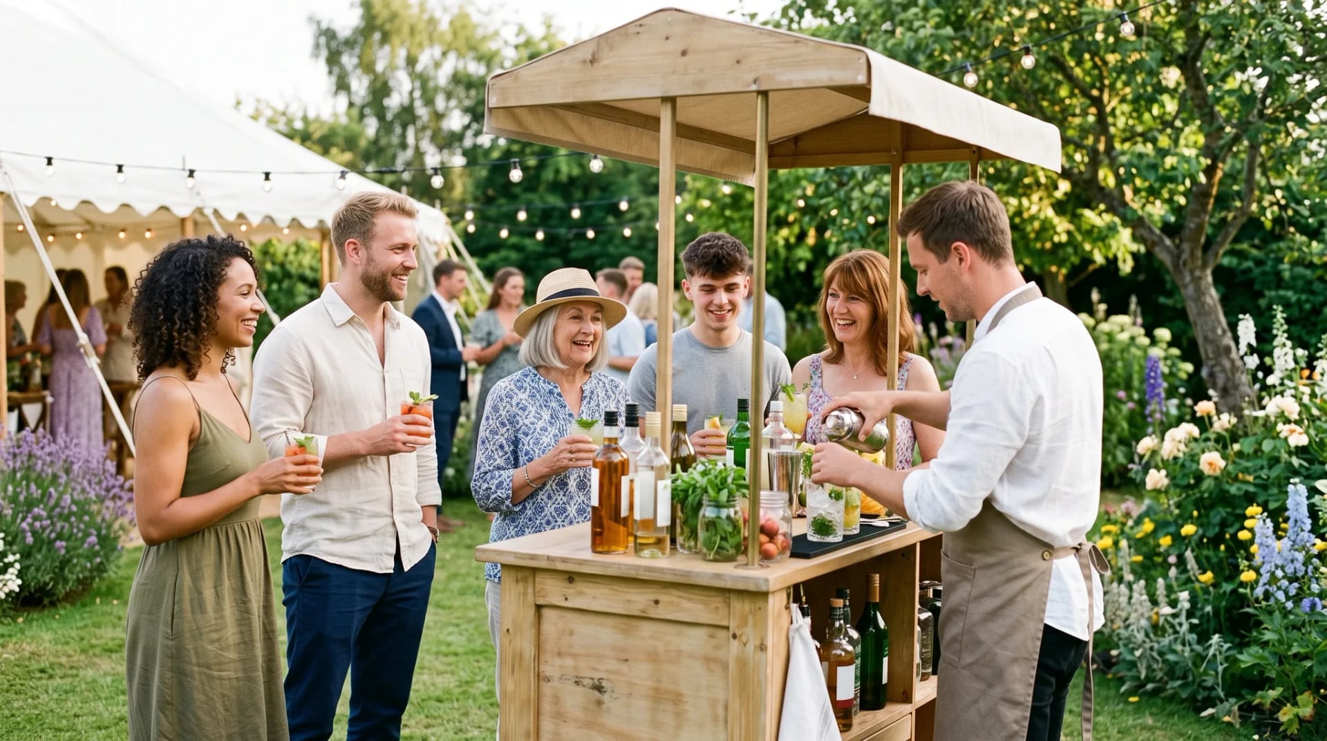 Mobile Cocktailbar: Gäste stoßen mit frischen Drinks vor einer Holztheke im Garten an, dahinter mixt ein Barkeeper.