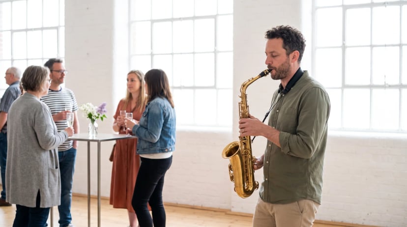 Musiker buchen für den Firmenempfang: Saxophonist im olivgrünen Hemd spielt ein goldenes Altsaxophon in einem hellen Loft, im Hintergrund unterhalten sich Gäste mit Sektgläsern an einem Stehtisch