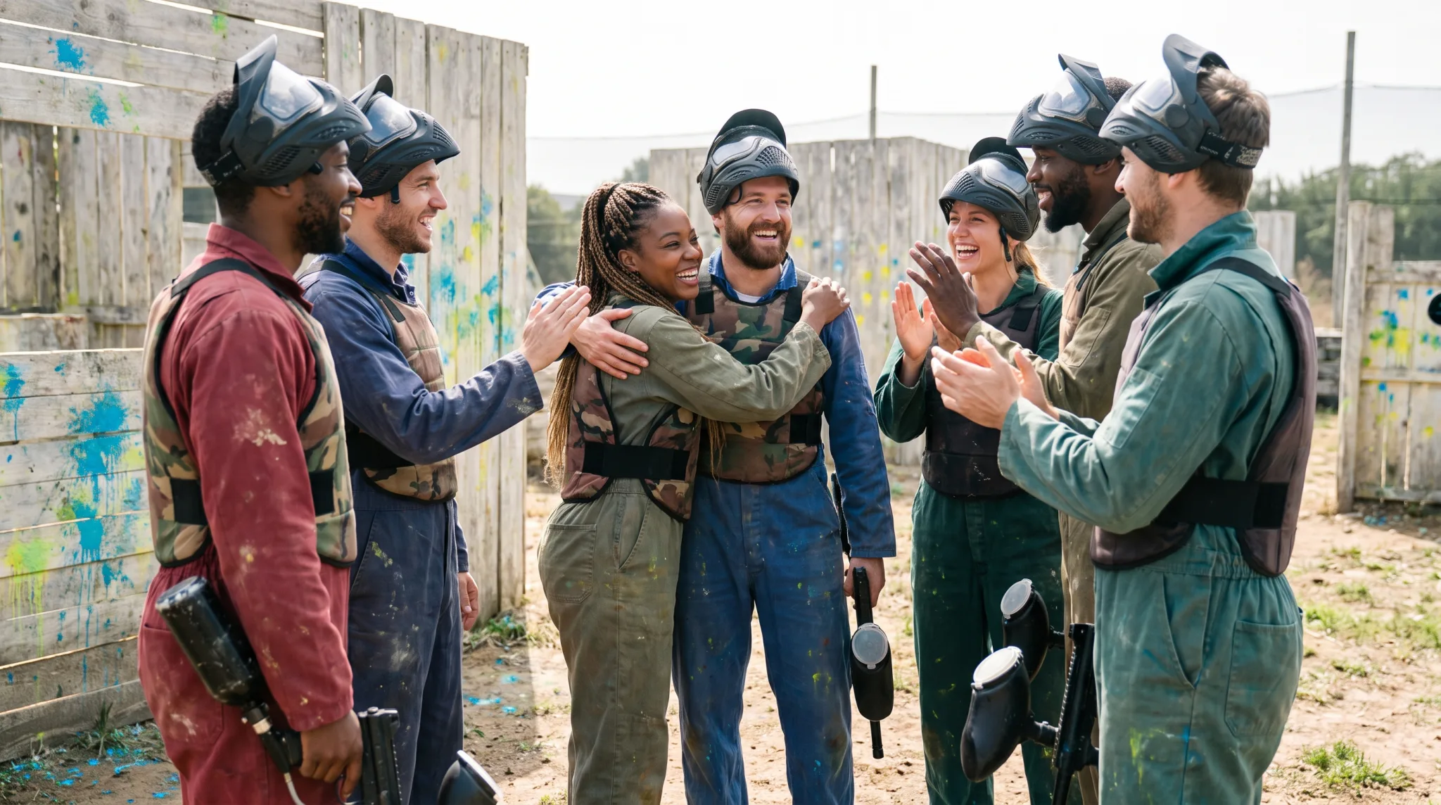 Gruppe beim Paintball-Teamevent auf einem Spielfeld in Köln