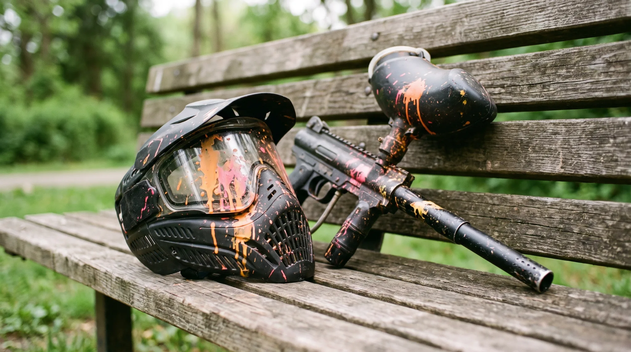 Paintball-Maske und Markierer mit bunten Farbklecksen auf einer Holzbank