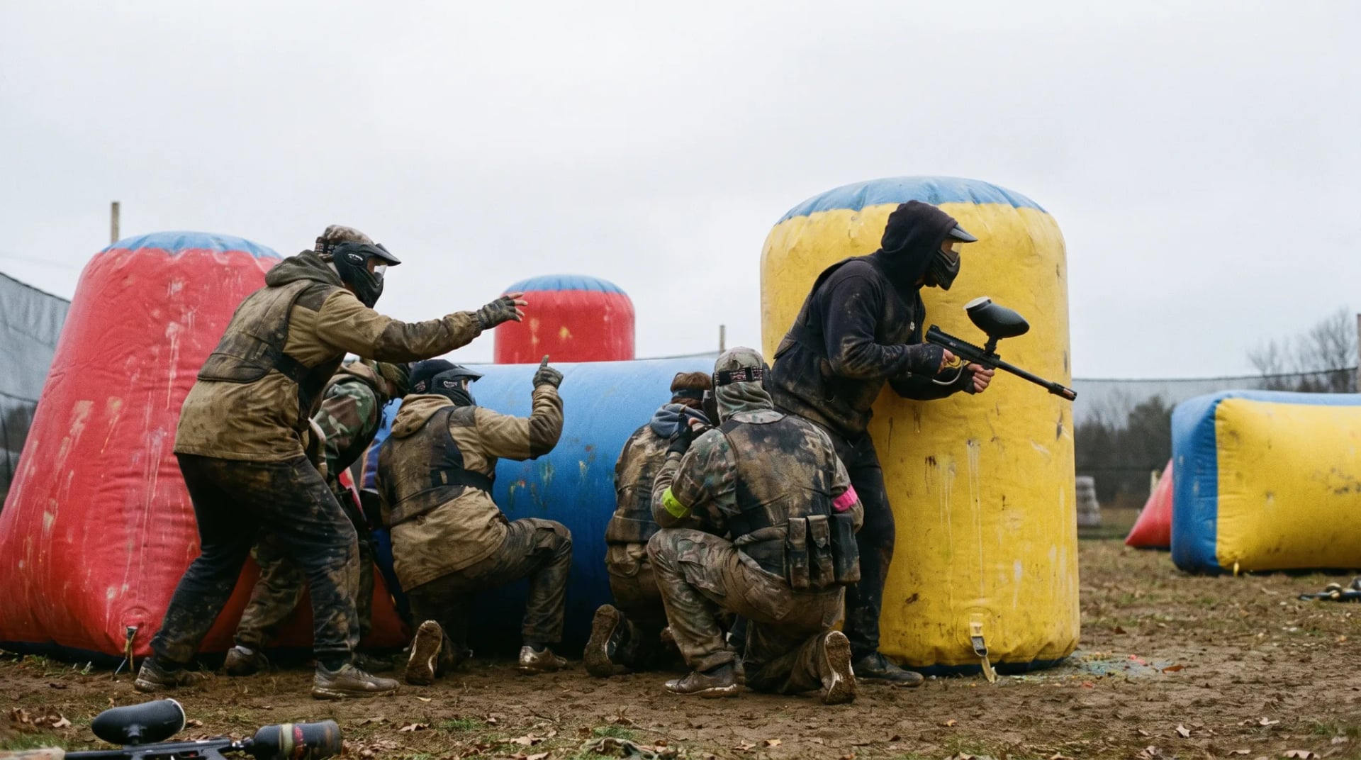 Gruppe in Paintball-Ausrüstung hinter bunten Bunkern auf dem Outdoor-Feld
