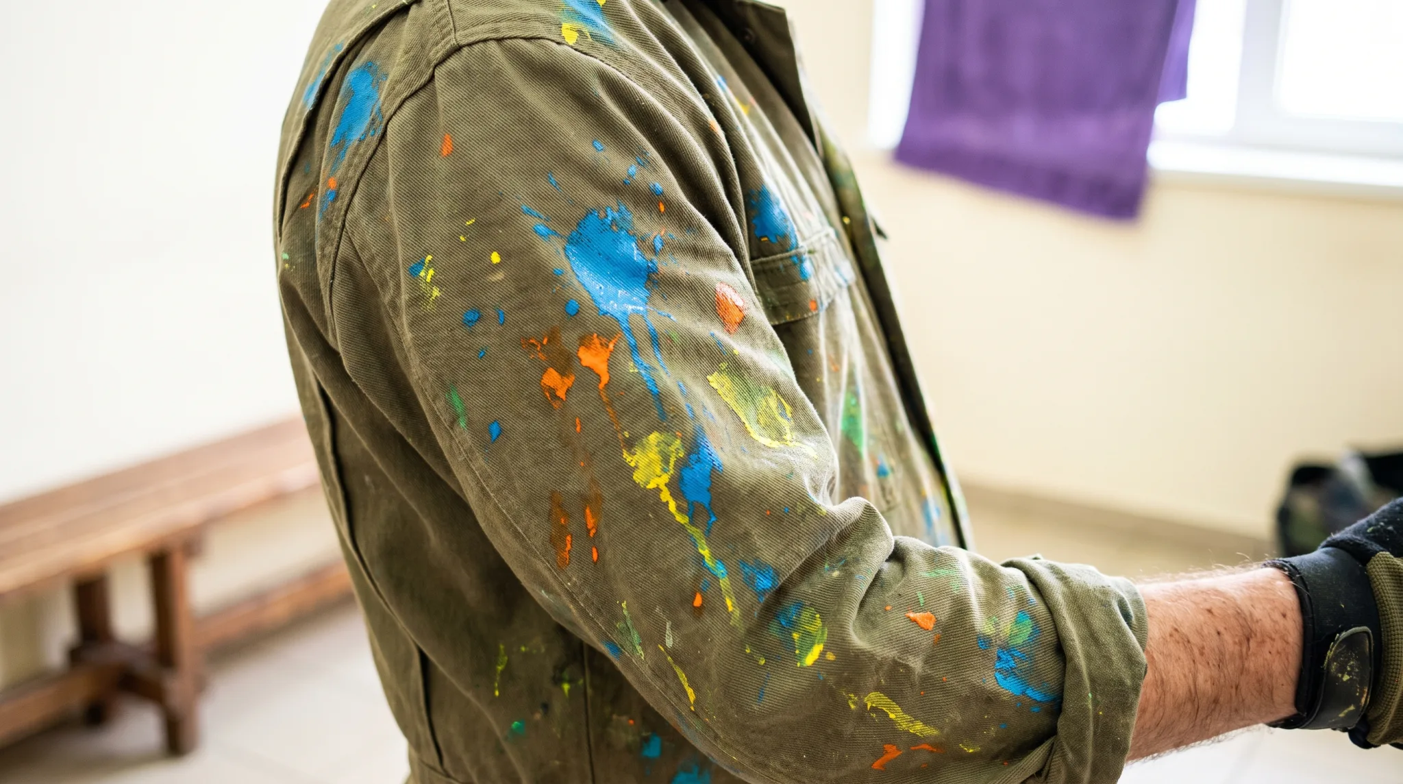 Paintball-Maske und Markierer mit bunten Farbklecksen auf einer Holzbank in Siegburg