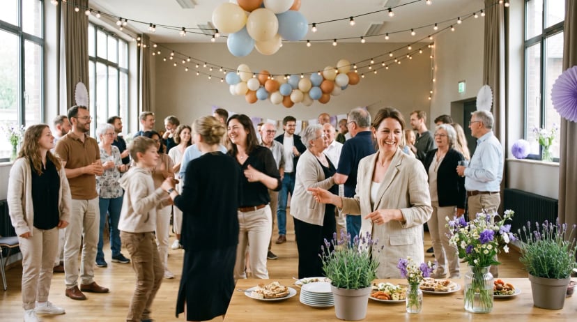 Partyraum Siegburg: Feiernde Gruppe in festlich dekoriertem Innenraum mit Lichterketten, Ballons und Stehtischen bei ausgelassener Stimmung.