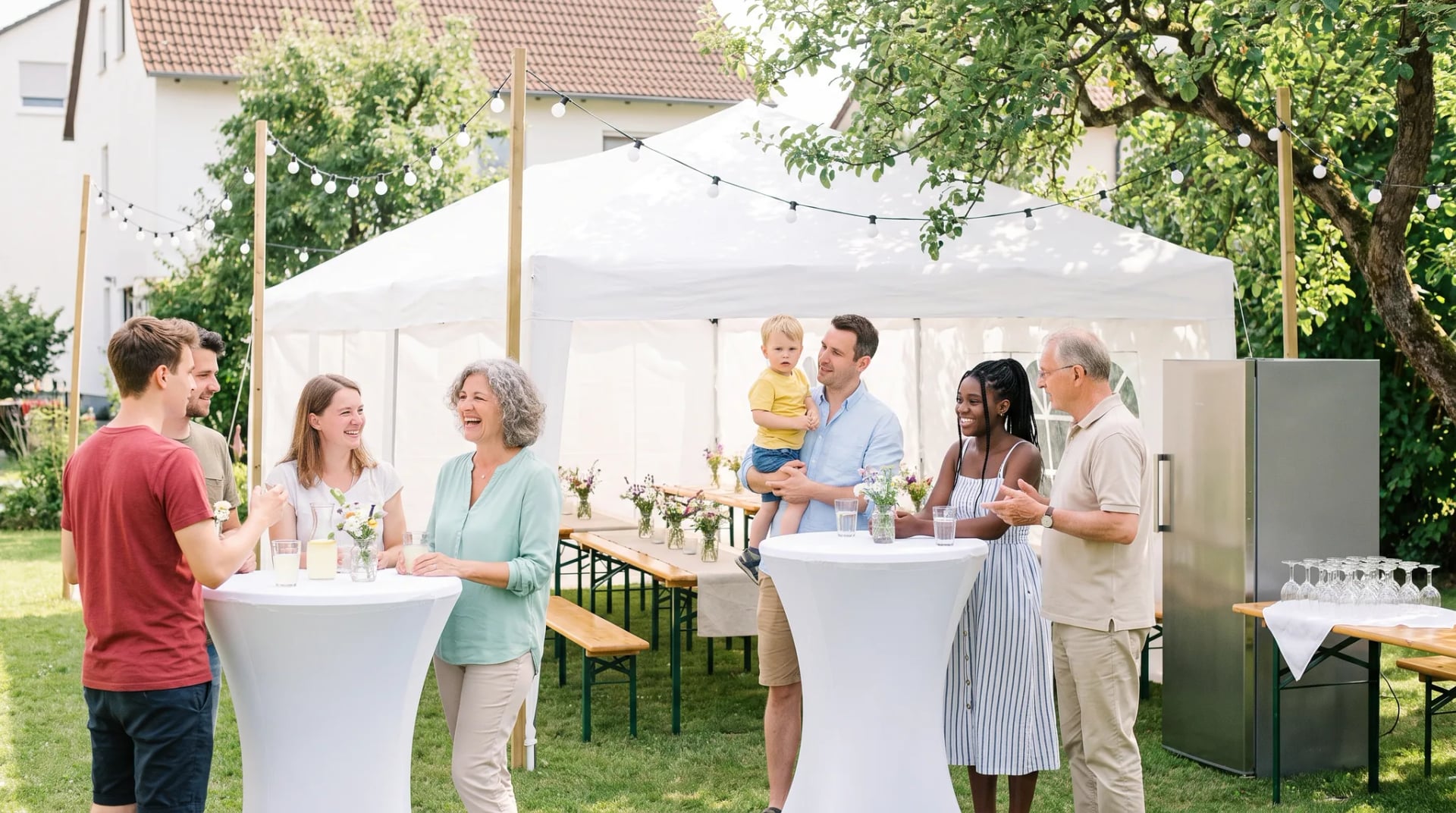 Partyverleih im Garten: weißes Partyzelt mit Bierzeltgarnituren, Stehtische mit weißen Hussen, ein Getränkekühlschrank und Gläser auf einem Tisch, Gäste feiern unter Lichterketten