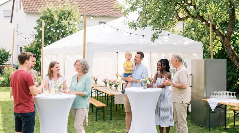 Partyverleih im Garten: weißes Partyzelt mit Bierzeltgarnituren, Stehtische mit weißen Hussen, ein Getränkekühlschrank und Gläser auf einem Tisch, Gäste feiern unter Lichterketten
