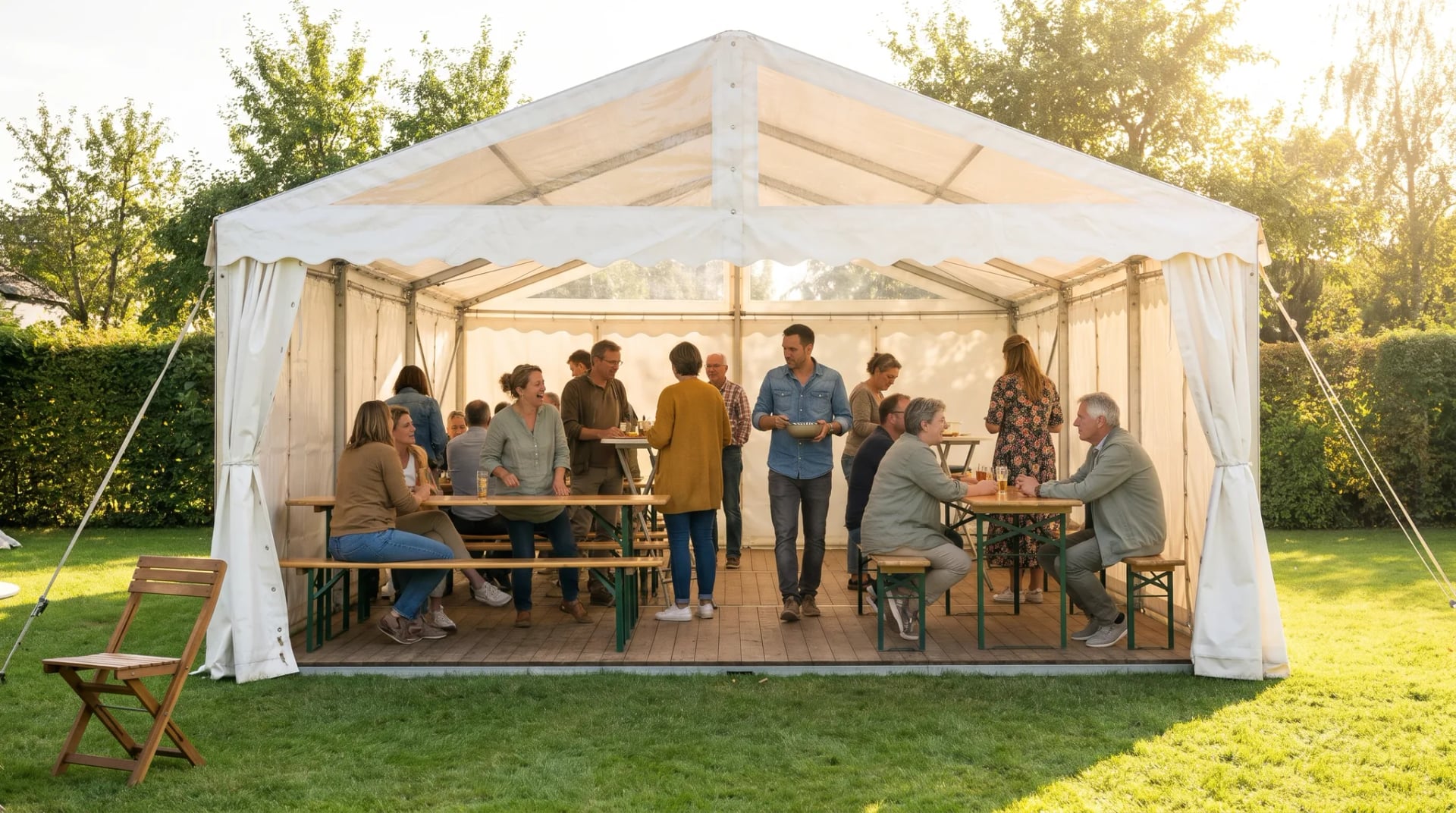 Partyzelt mieten für die Gartenparty: weißes Zelt mit offenen Seitenwänden auf einer Wiese, darunter Gäste an langen Holztischen im Nachmittagslicht