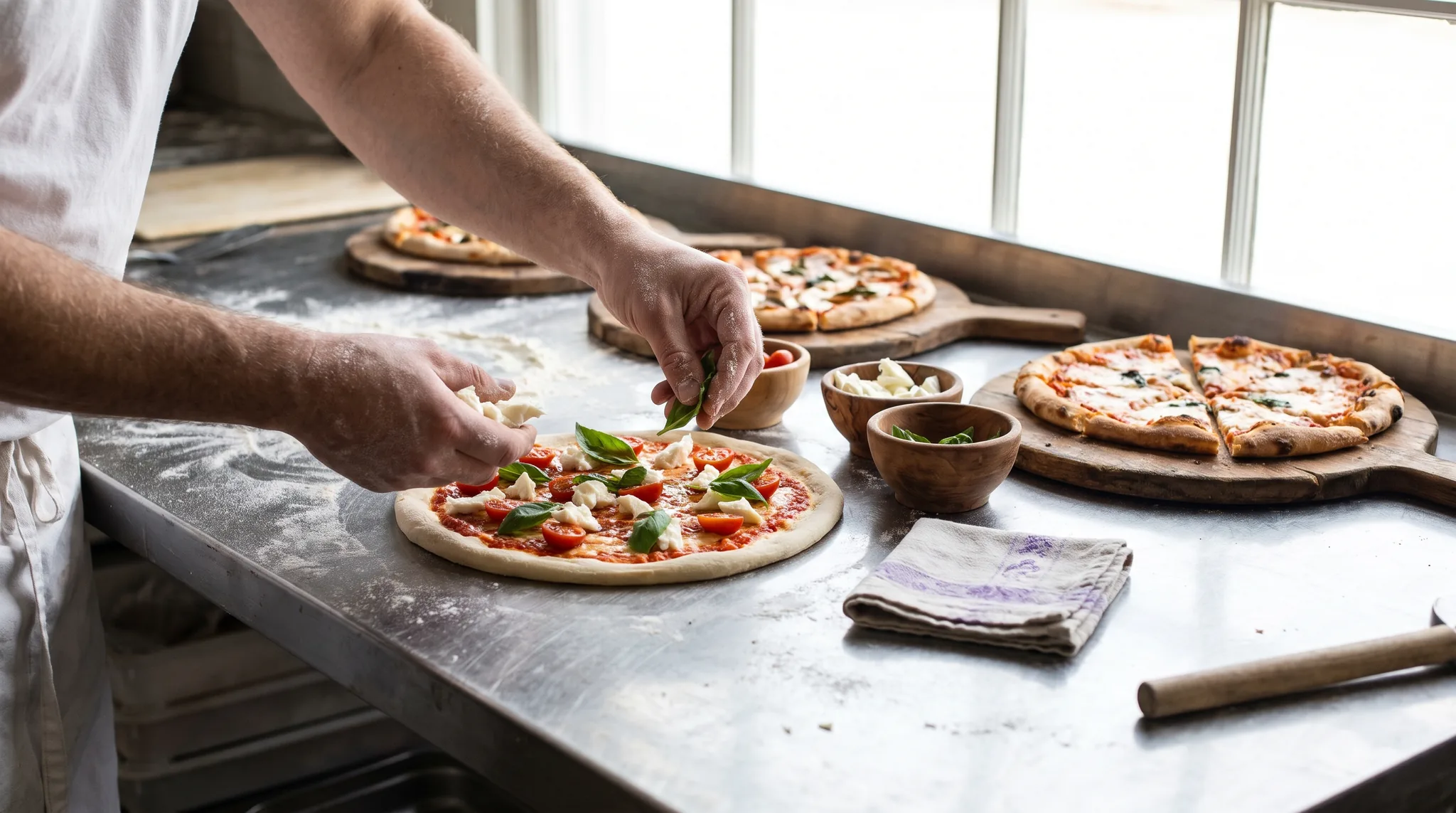 Pizza Catering Detail: Hände eines Pizzabäckers belegen eine Pizza auf einem bemehlten Edelstahltisch, daneben Schalen mit Tomaten, Mozzarella und Basilikum