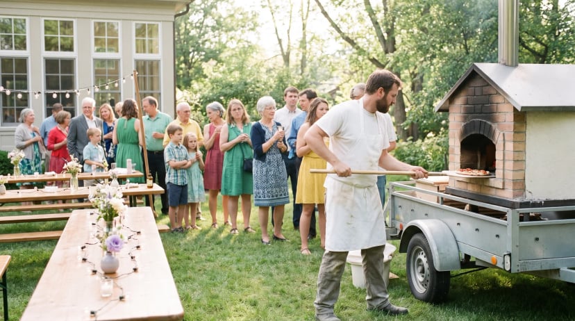 Pizza Catering: Pizzabäcker schiebt eine Pizza in den Steinofen eines mobilen Pizzastands, im Hintergrund eine Hochzeitsgesellschaft im Garten