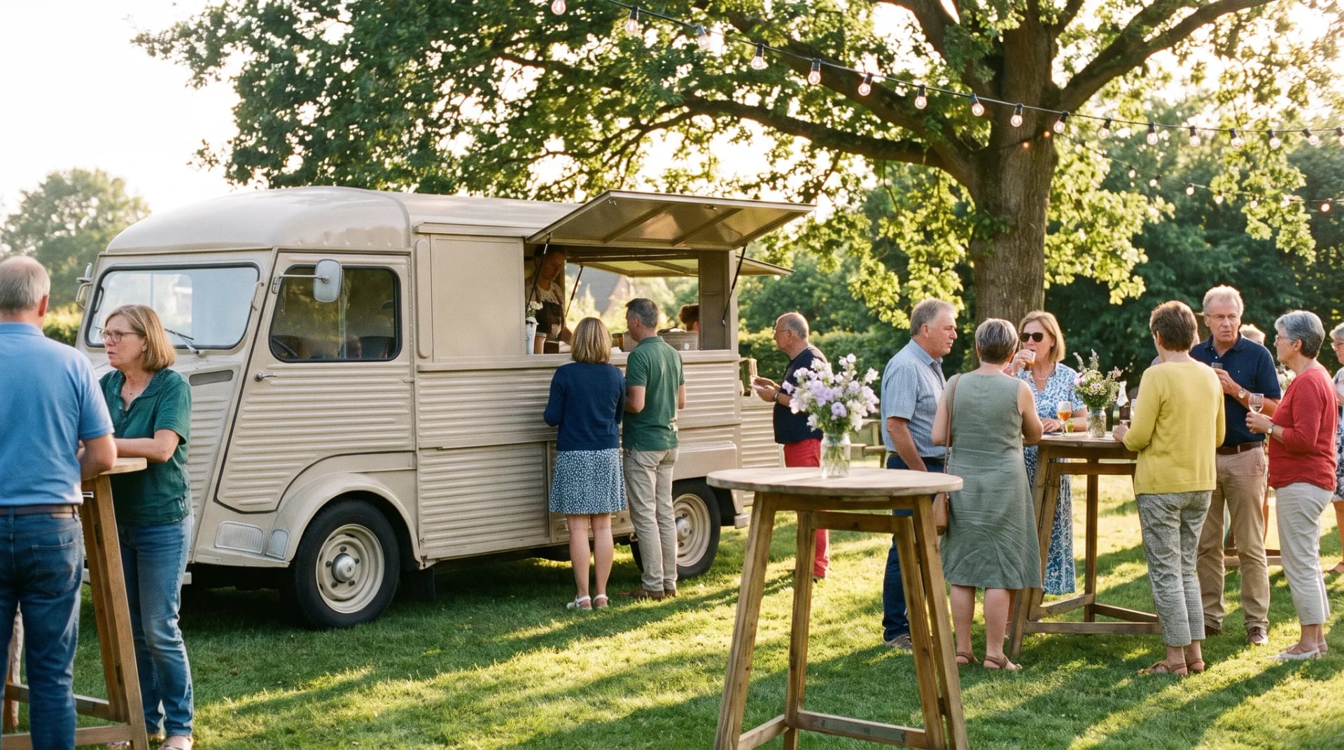 Pizzawagen mieten: ein heller Pizza-Foodtruck mit geöffneter Ausgabeklappe auf einer Gartenwiese, davor Gäste an Stehtischen im Abendlicht